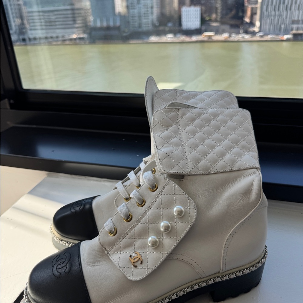 White and Black Quilted Combat Boots with Metal Hardware